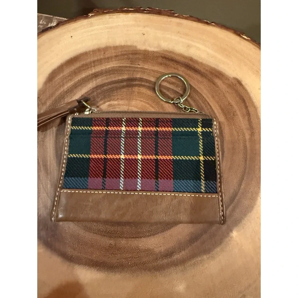 Coach Y2K Holiday Mini Wool Tartan Plaid Zip Card Case Keychain Brown Leather